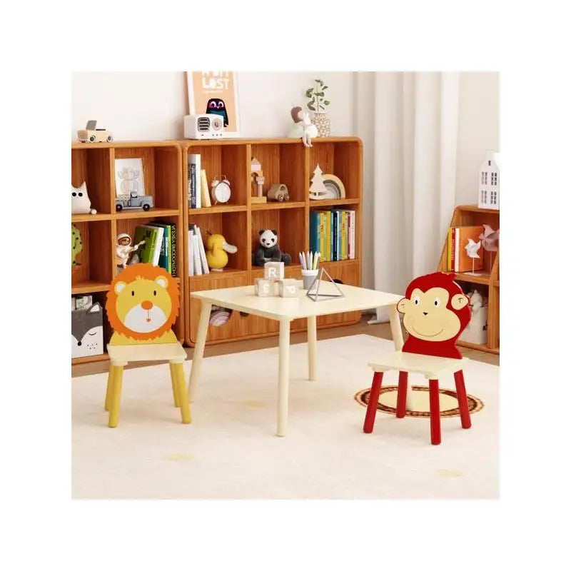 3-Piece Kids Table and Chairs Set, Wooden Play Activity Furniture for Toddlers (Lion & Monkey Design)