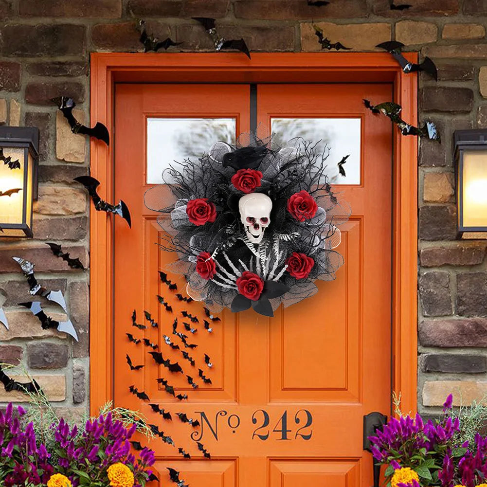 Halloween Wreath Skull Wreath with Red Artificial Roses Halloween Skeleton Wreath for Front Door Halloween Decorations