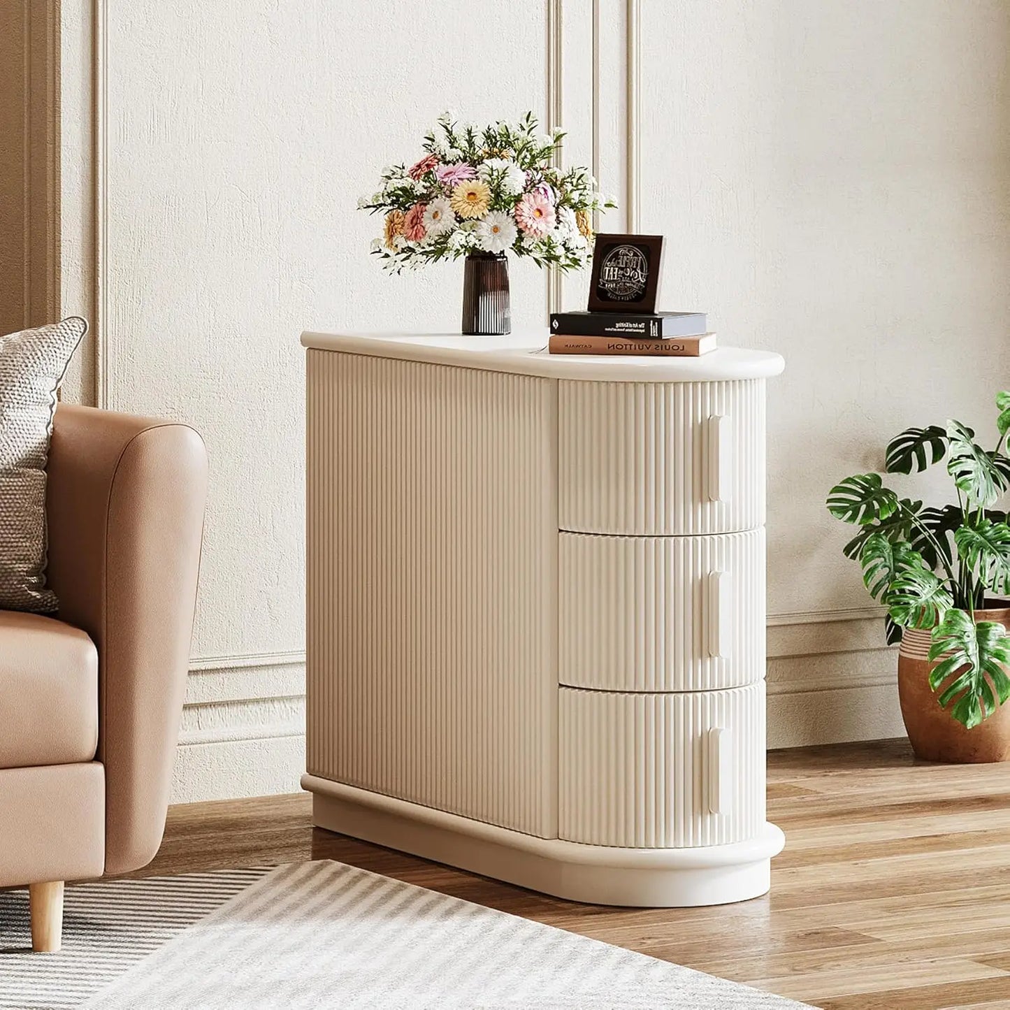 3-Drawer Wooden End Table,Modern Sofa Side Table, Narrow Chair Side Table Slim Nightstand for Living Room,Bedroom, Finished Back