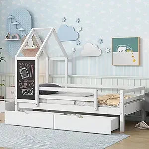 Twin Size Kids House Bed with Storage Drawers, Wooden Twin Bed Frame for Kids with Blackboard for Bedroom, Modern Montessori Twi