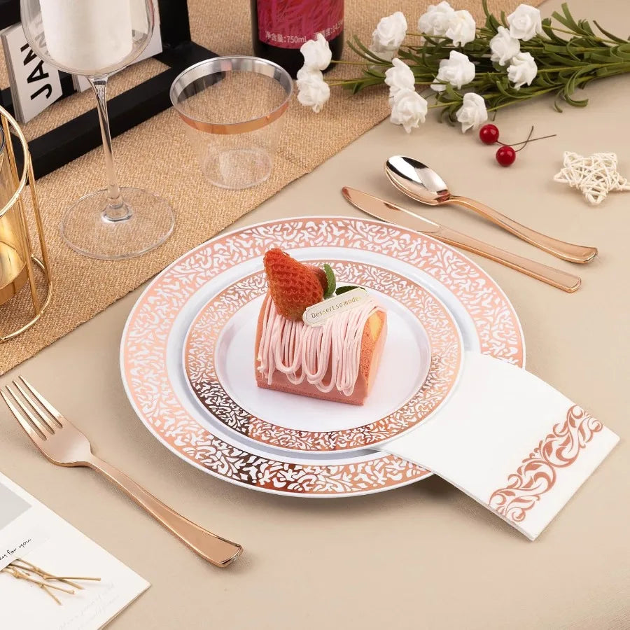 Rose Gold Plastic Dinnerware Set For 100 Guests Disposable Plates 700 Pieces