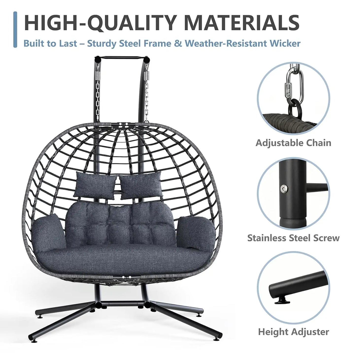 Double Egg Swing Chair With Stand Outdoor Patio 2 Person Wicker Hammock Cushions