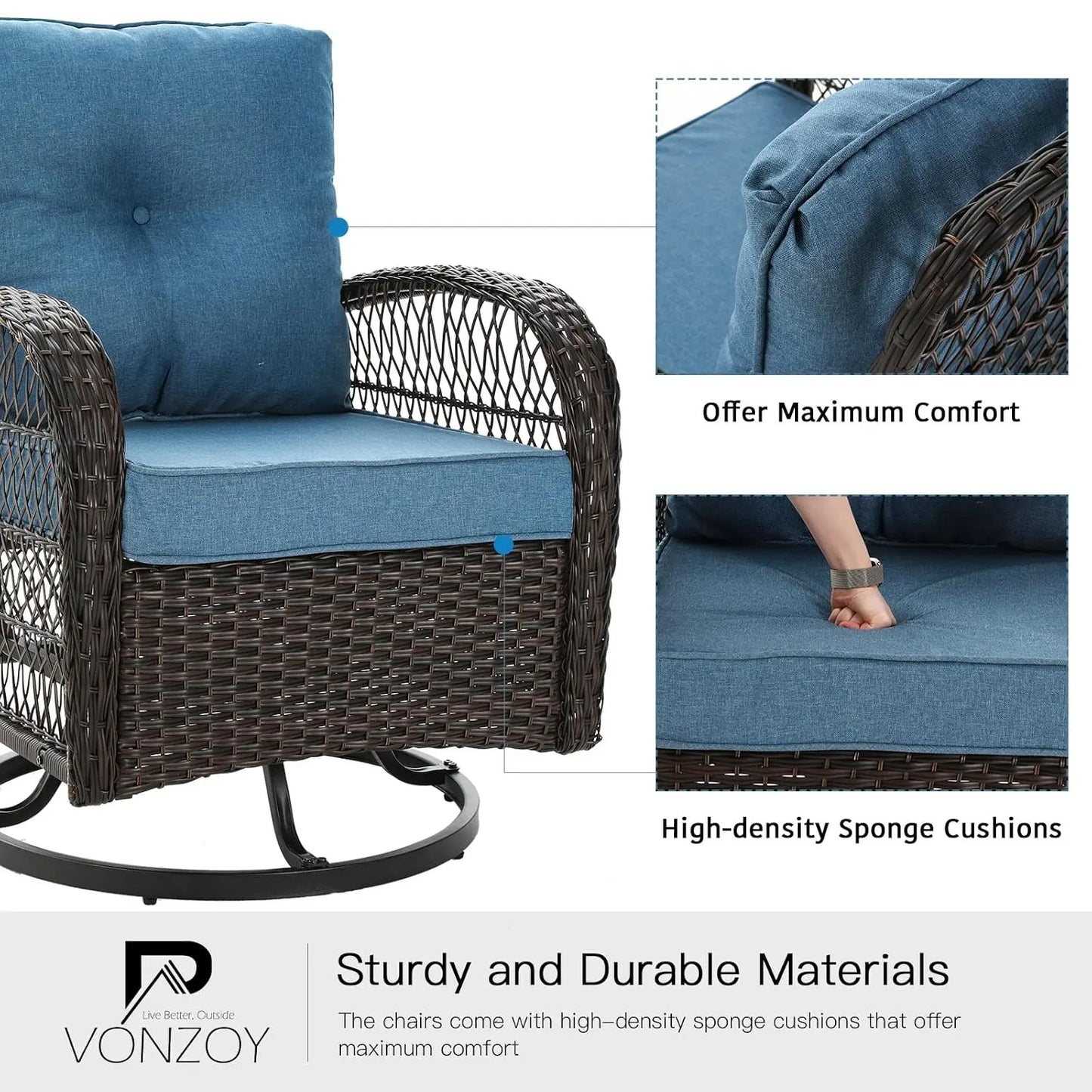3 Piece Outdoor Patio Furniture Set Wicker Bistro Swivel Glider Rocker