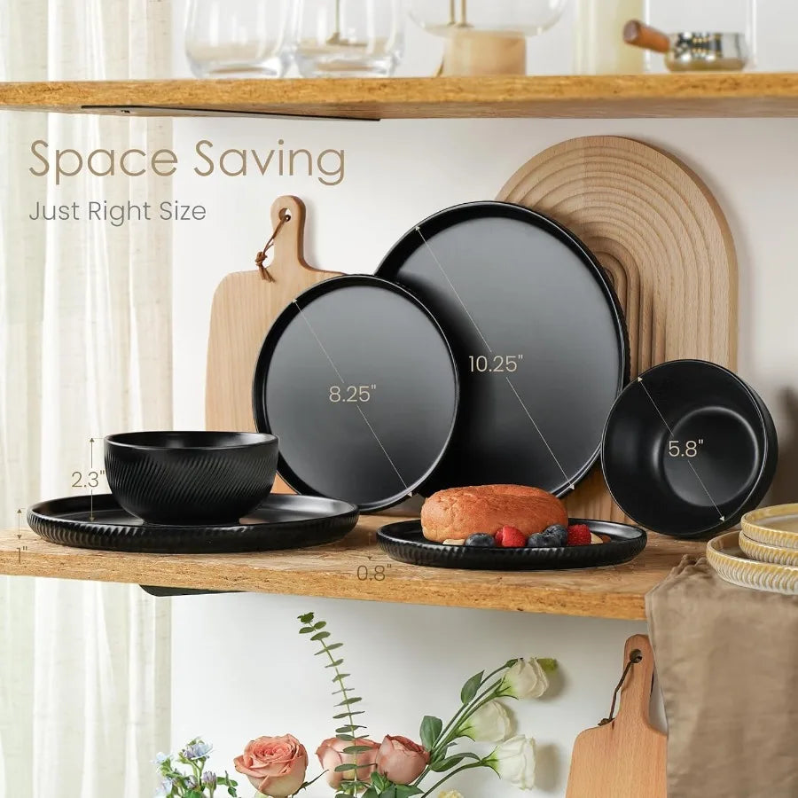 Matte Black Stoneware Dinnerware Set 12 Pieces Serves 4 Dishwasher Safe
