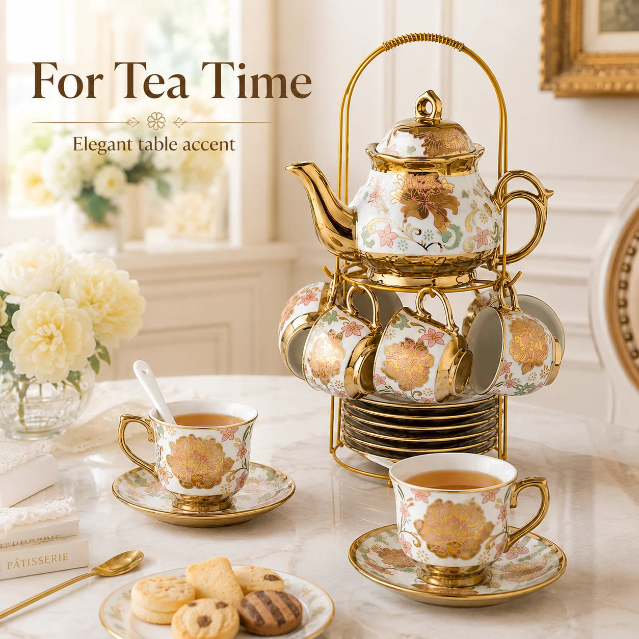 20PCS Ceramic Tea Set with Teapot Espresso Cups Saucers Spoons Display Rack Floral Gold Coffee Service Gift for Wedding Home