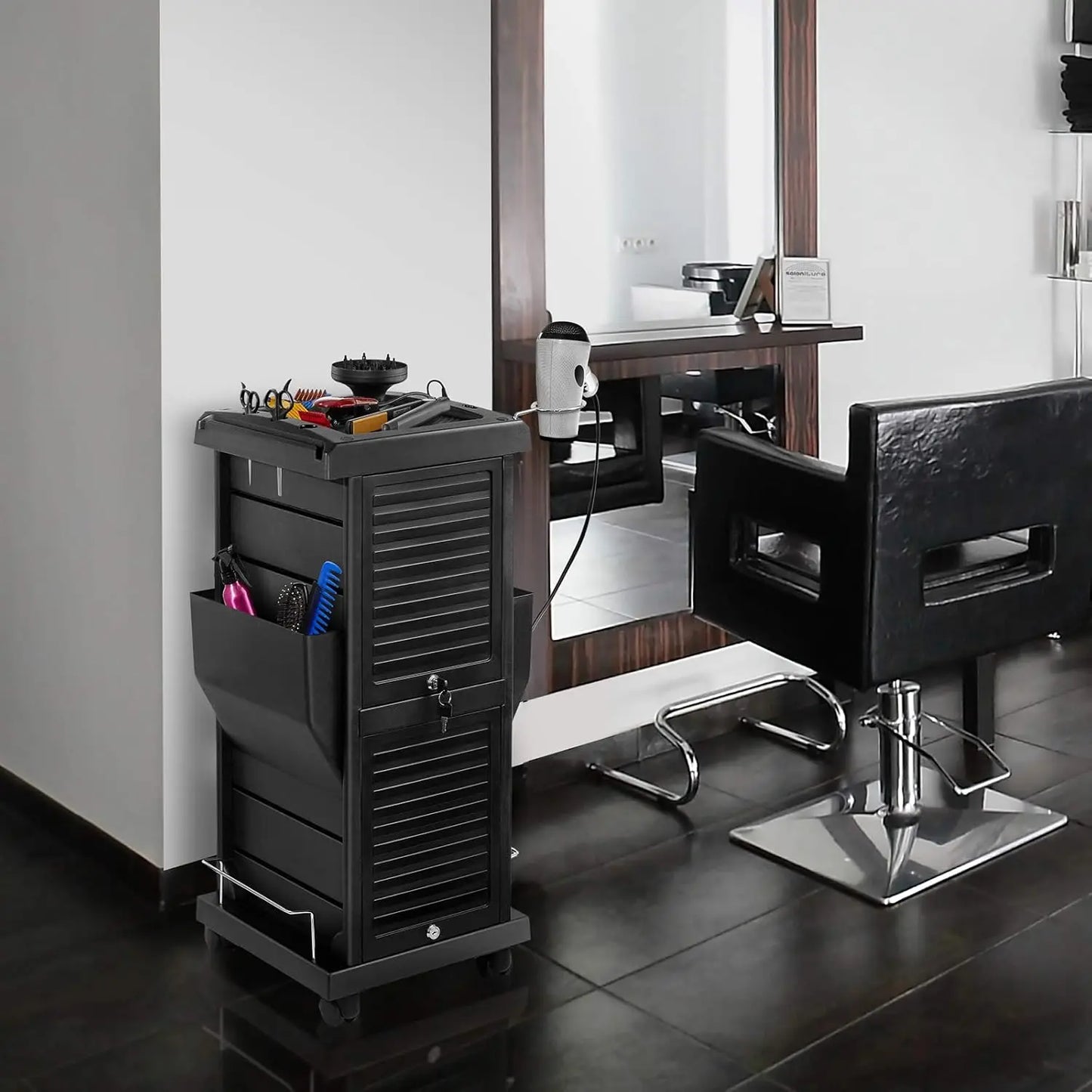 Locking Rolling Trolley Cart With Pockets For Salon Use Black
