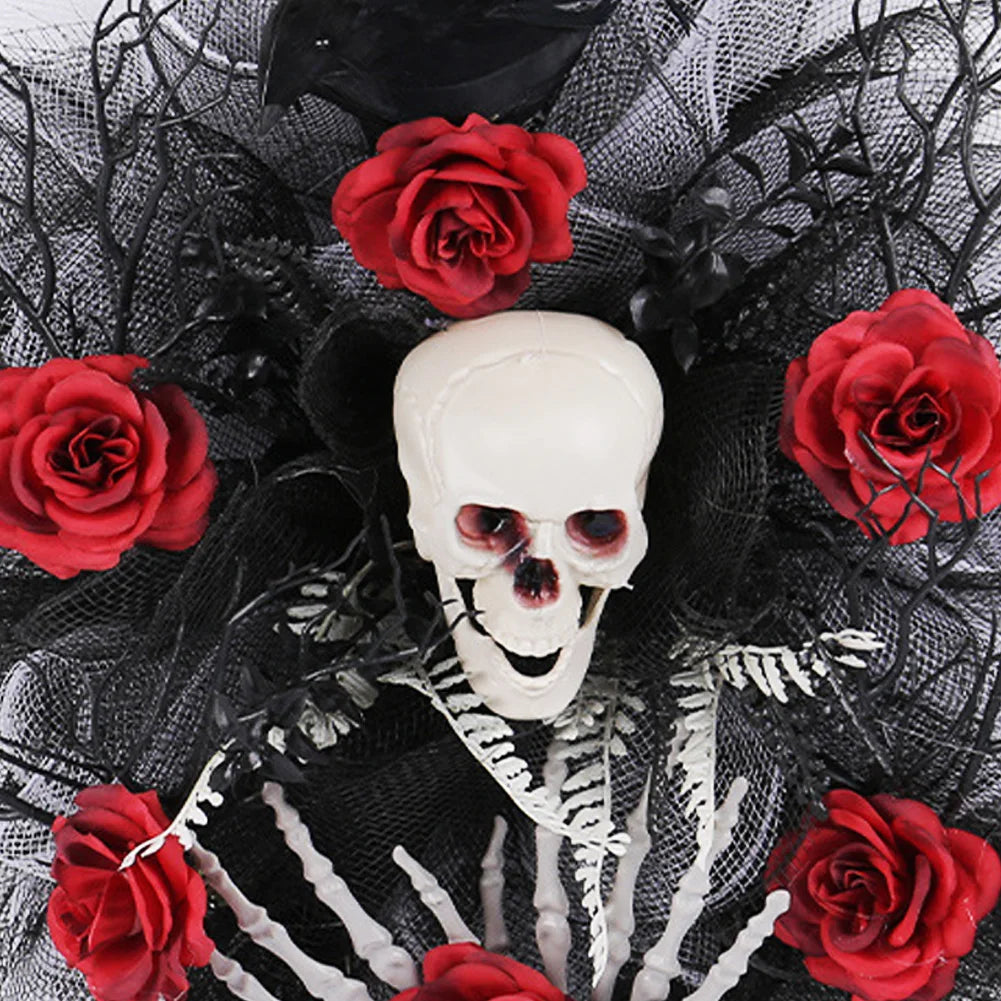 Halloween Wreath Skull Wreath with Red Artificial Roses Halloween Skeleton Wreath for Front Door Halloween Decorations