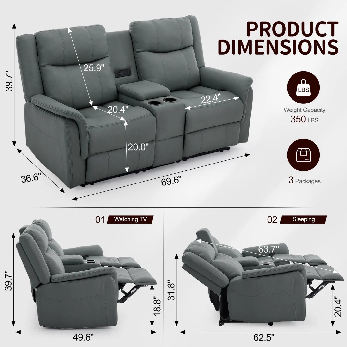 Korser Two Seater Loveseat Recliner With USB Ports And Cup Holders