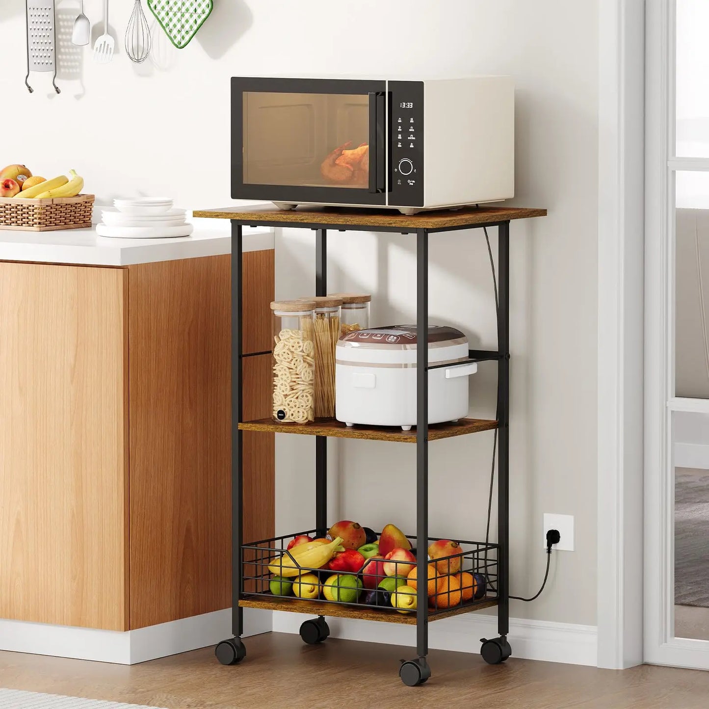 Three Tier Microwave Cart With Storage On Wheels Wood And Metal Kitchen Stand