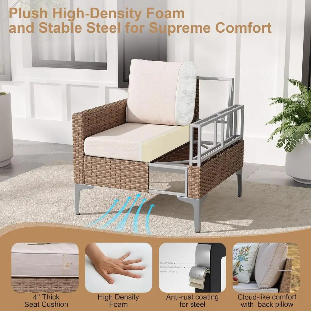 All Weather Wicker Patio Sectional Set With Tempered Glass Table Cushions Beige