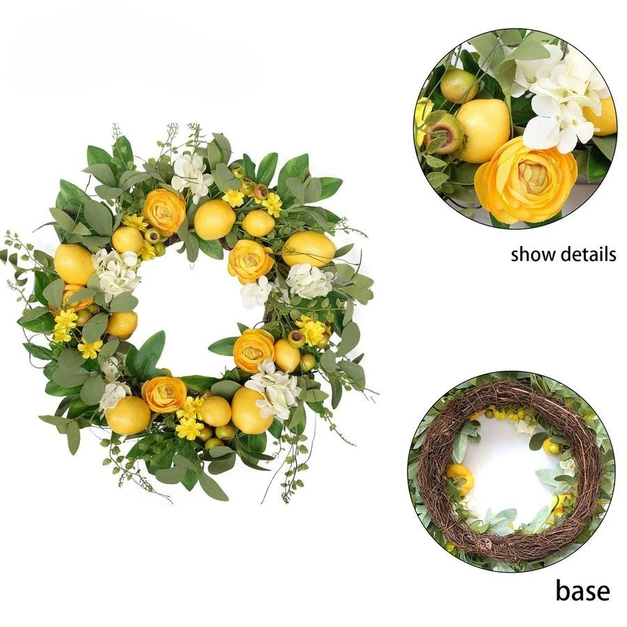20 Inch Artificial Lemon Wreath For Front Door With Yellow Peony And Hydrangea