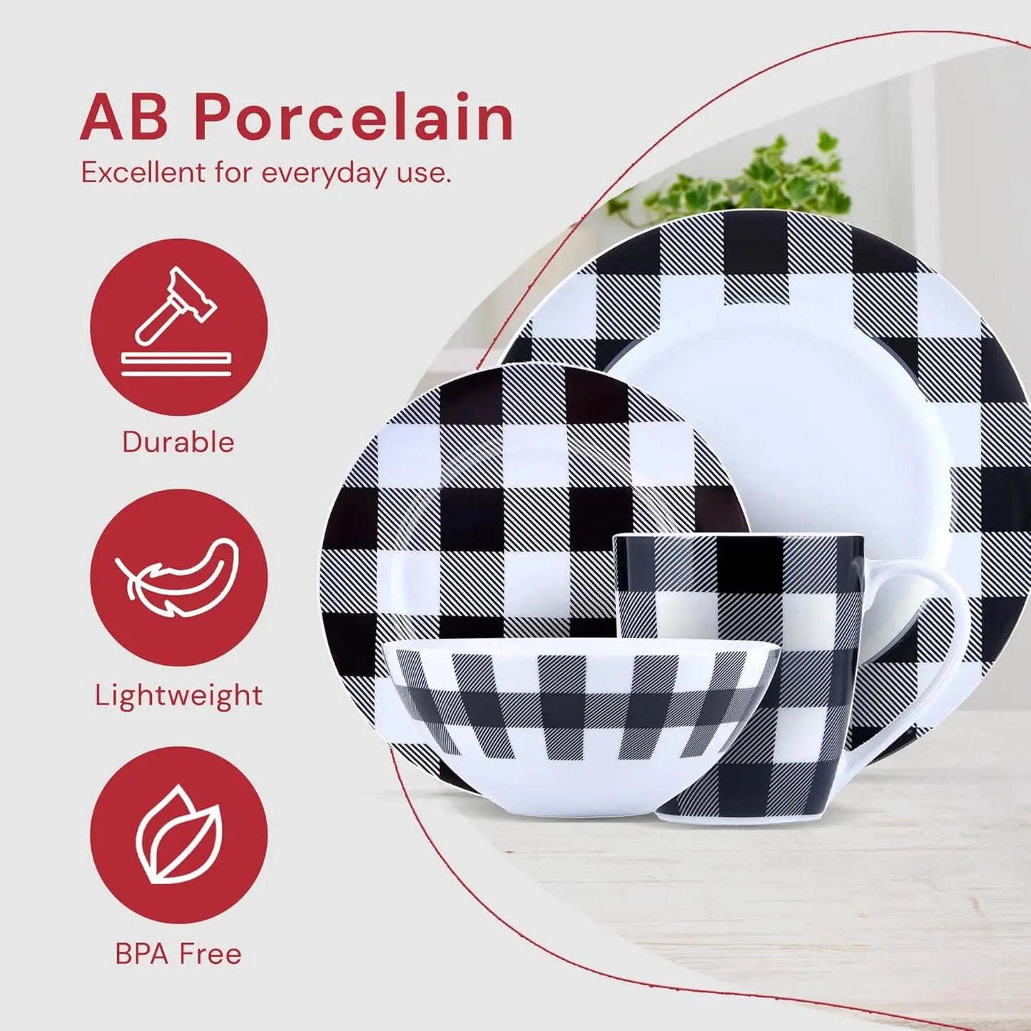 Winter Frost White And Black Modern Dinnerware Set 16 Piece Plaid Plates Bowls
