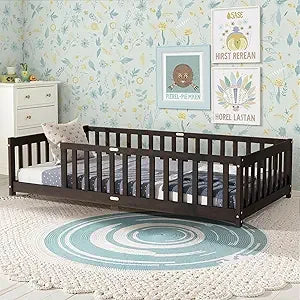 Full Size Floor Bed, Toddler Floor Bed Frame with High Guardrails, Solid Wood Montessori Beds Full with Support Slats, Fence and