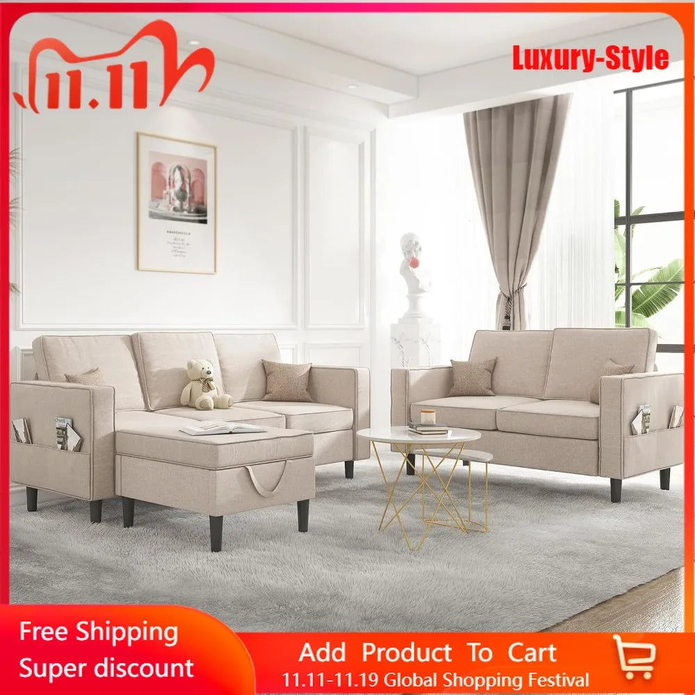 3 Pieces Sectional L Shaped Living Room Sofa Couches Set – 3-Seater 78" Width Small Couch Sofas, Living Room Furniture Sets