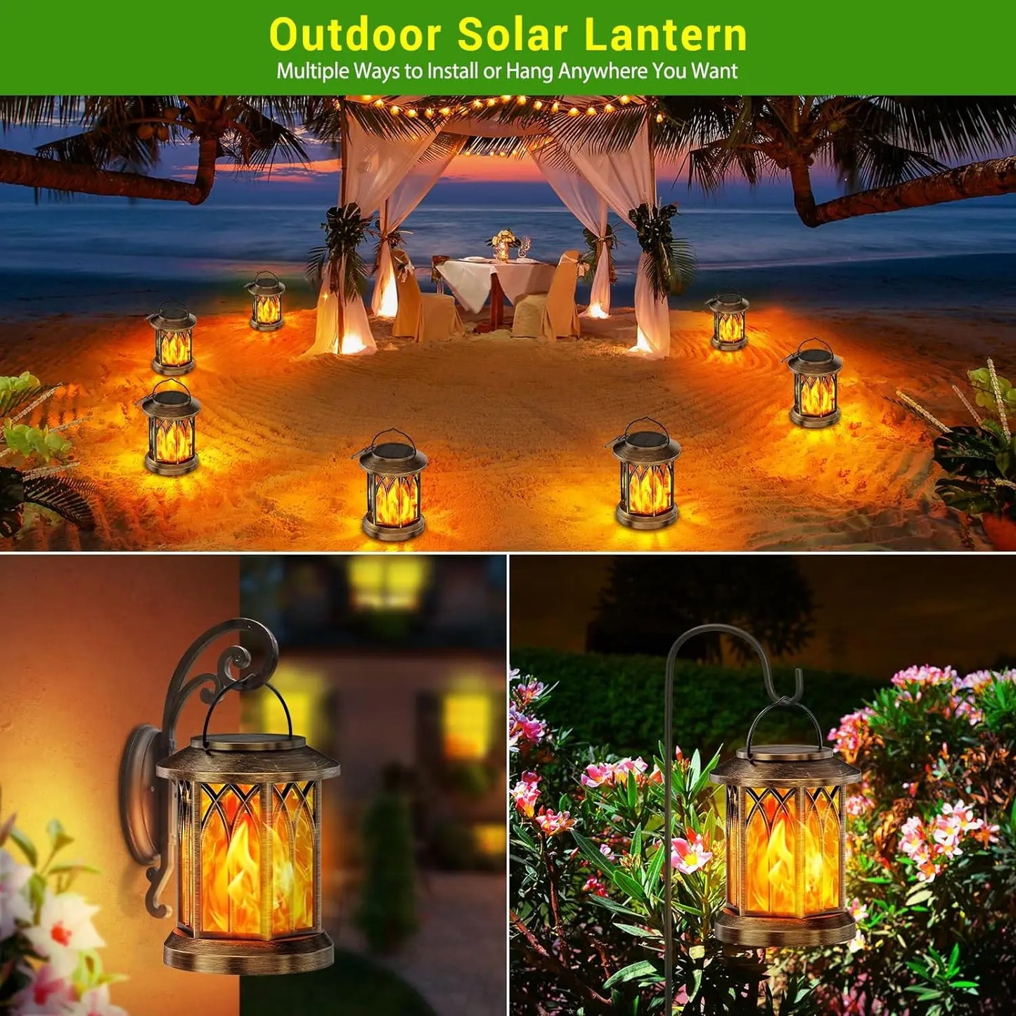 2 Pack Flickering Flame Solar Lanterns Garden Outdoor