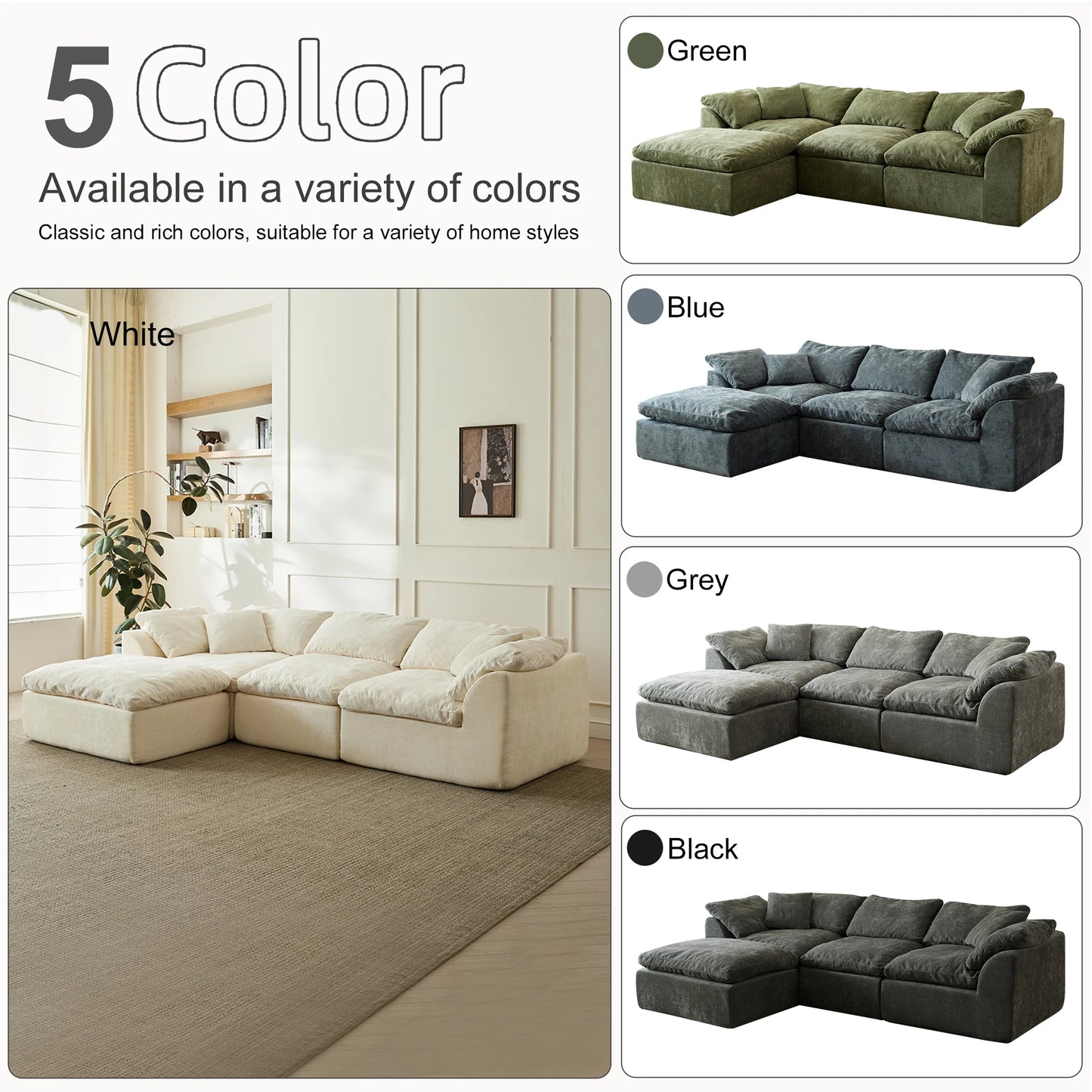Modern Blue L Shaped Deep Seat Sectional Sofa With Ottoman