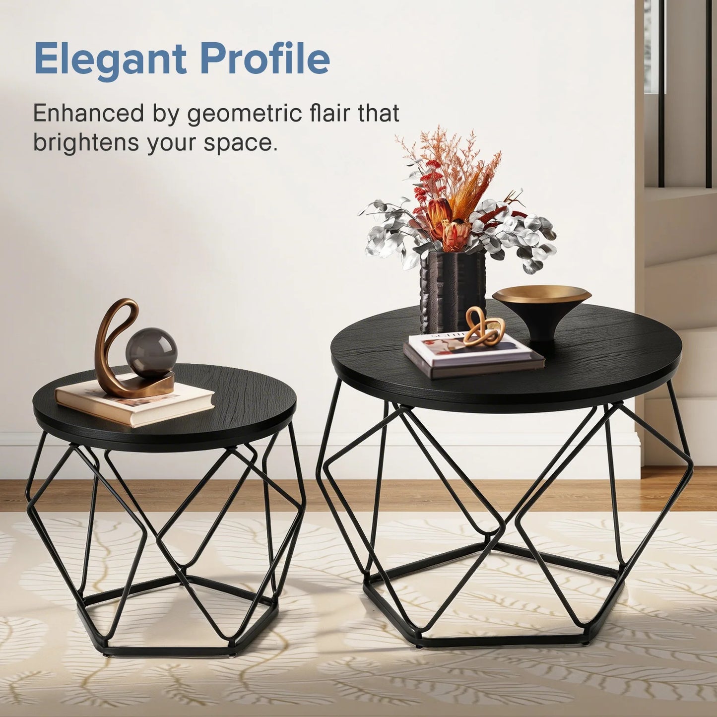 20 Inch Round Geometric Metal Coffee Table Set Of 2 Nesting Side Tables
