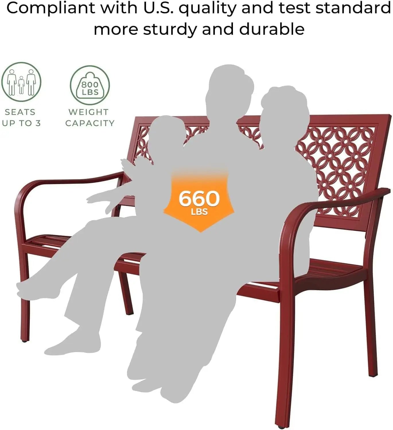 Outdoor Bench ，Powder-coat Steel Frame Garden Bench with Armrests  for Lawn Yard Porch