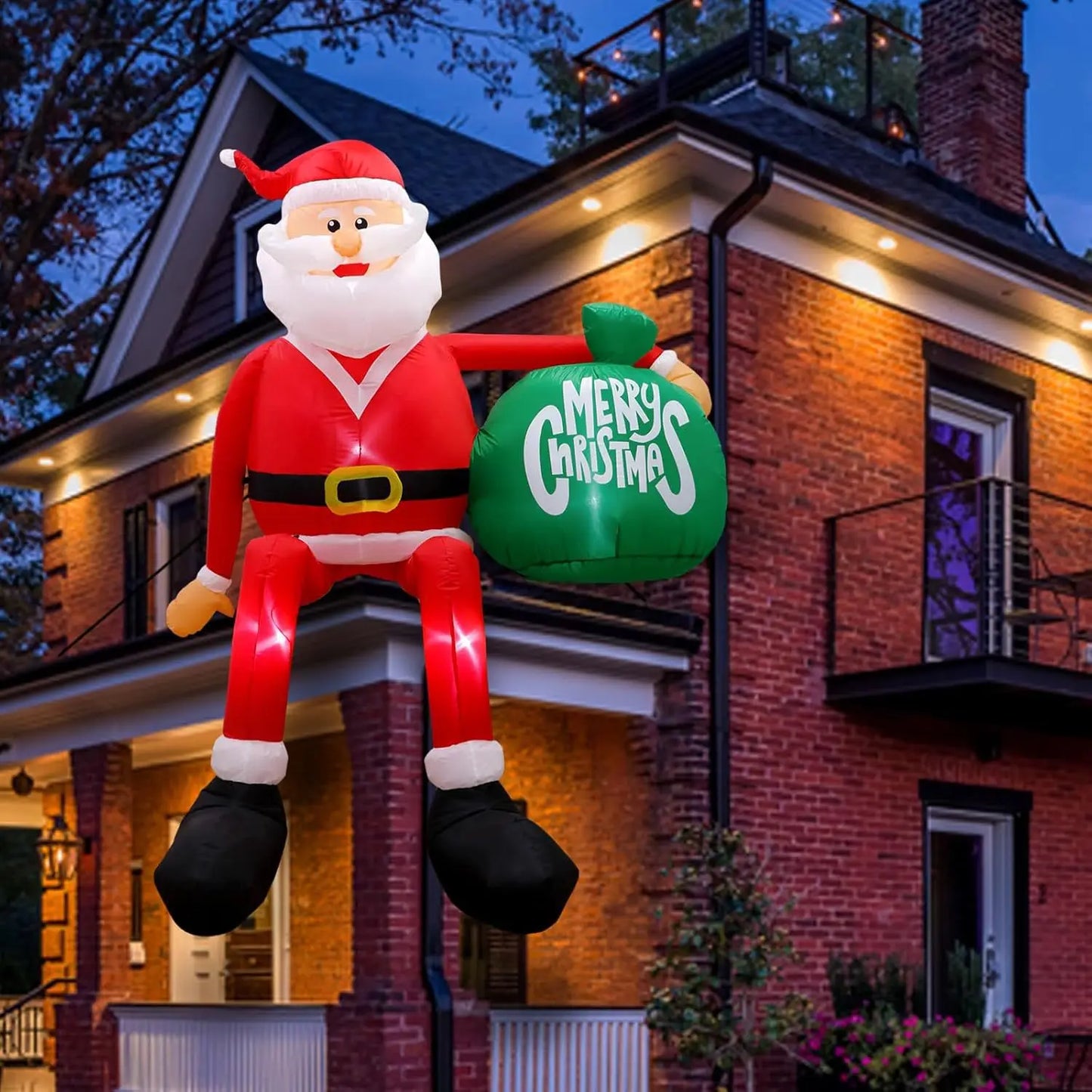 2.4M 8FT Christmas Inflatable Wall-Climbing Elderly Figure Seated Gift Hat Christmas Tree Decoration Outdoor Garden Ornament