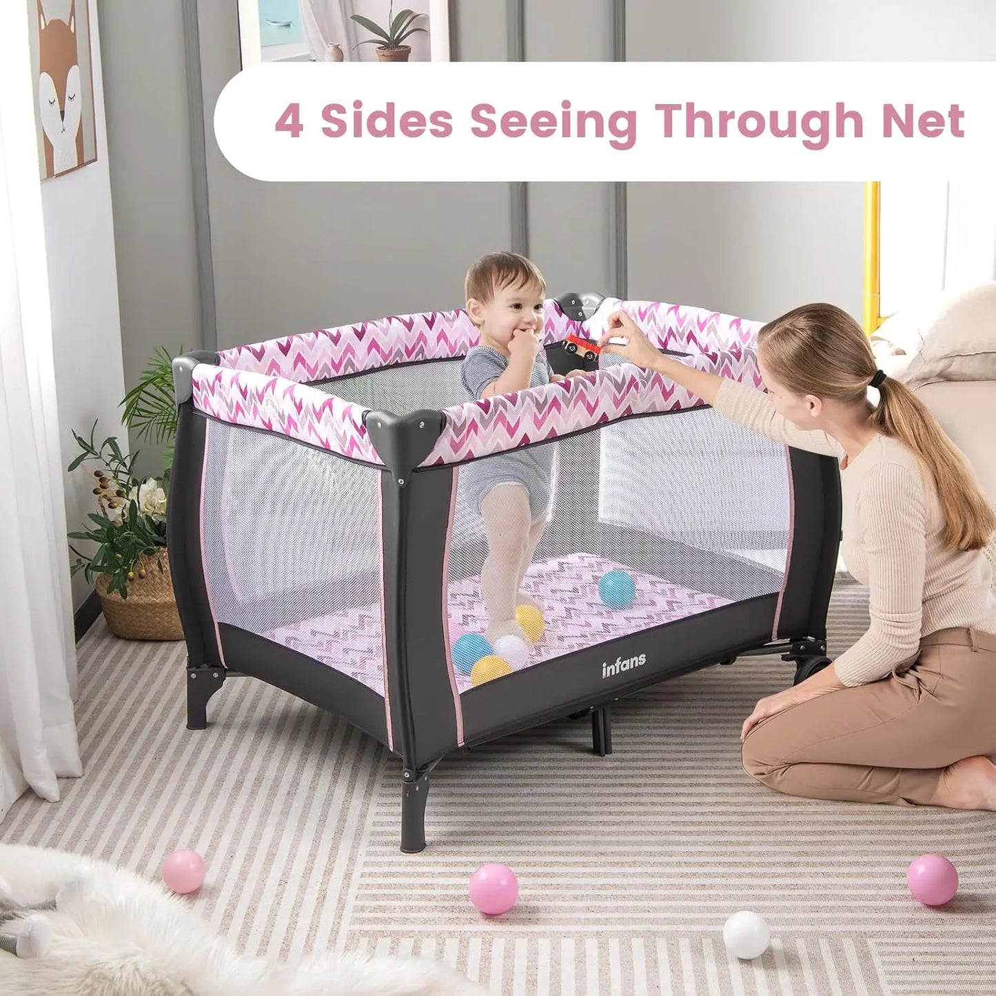 4 In 1 Portable Baby Playard With Bassinet Changing Table Canopy And Toys Pink