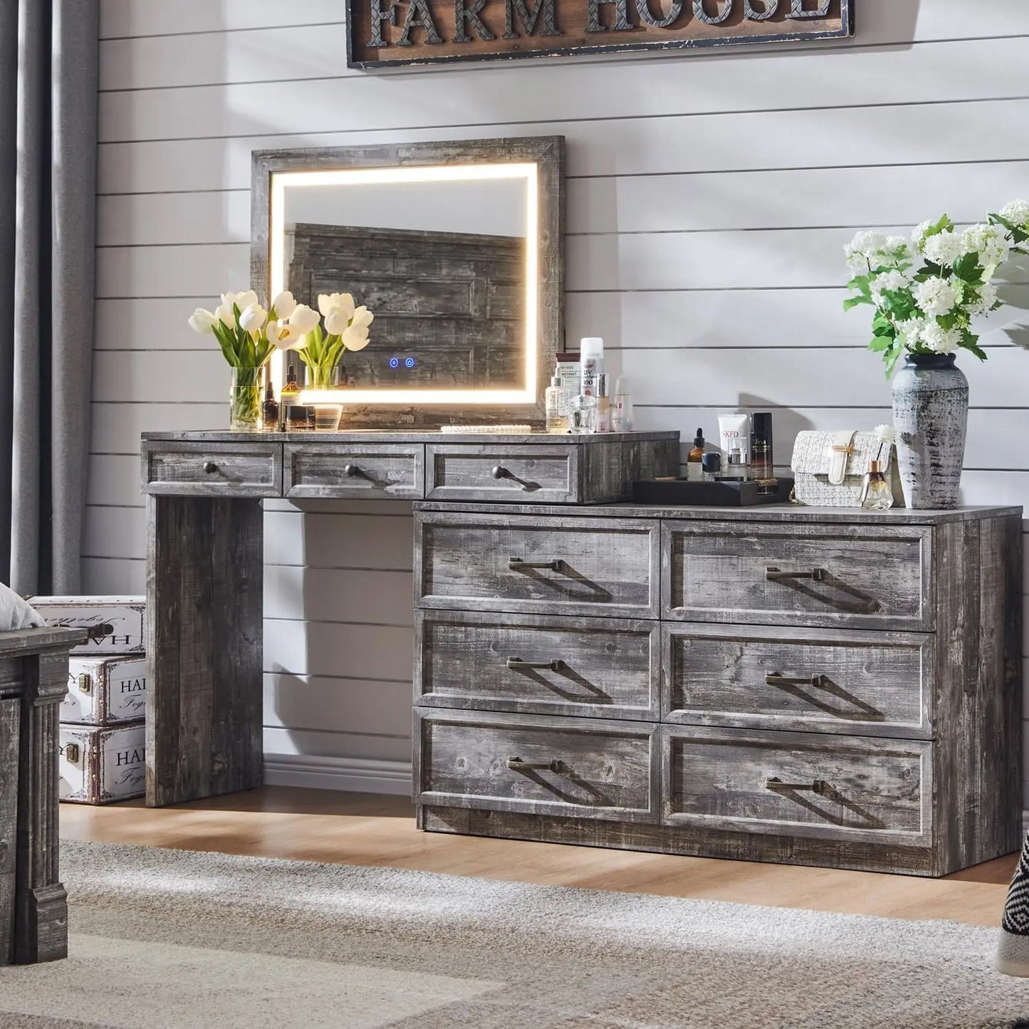69 Inch Wide Rustic Wood Bedroom Dresser With Glass Top 9 Drawers LED Mirror