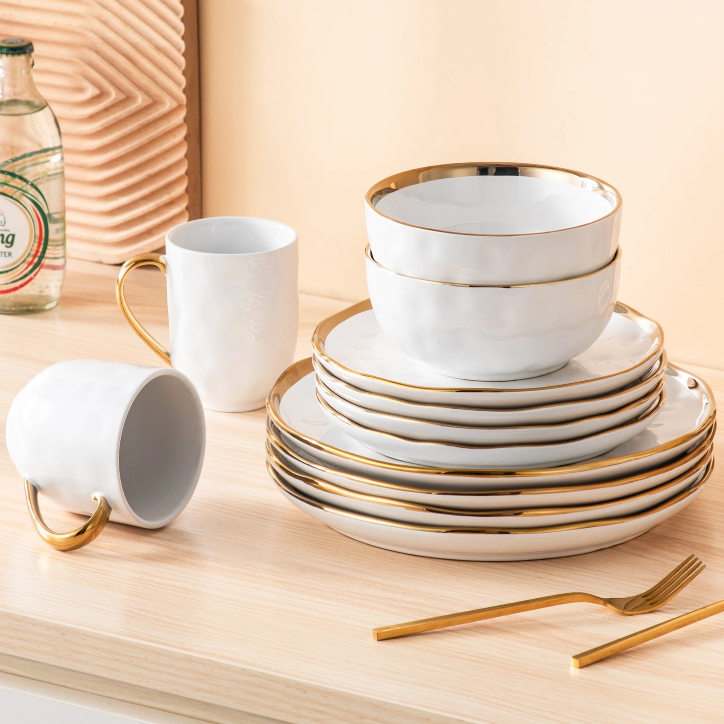 LoveCasa White Handmade Stoneware Dinnerware Set With Gold Trim 16 And 32 Piece