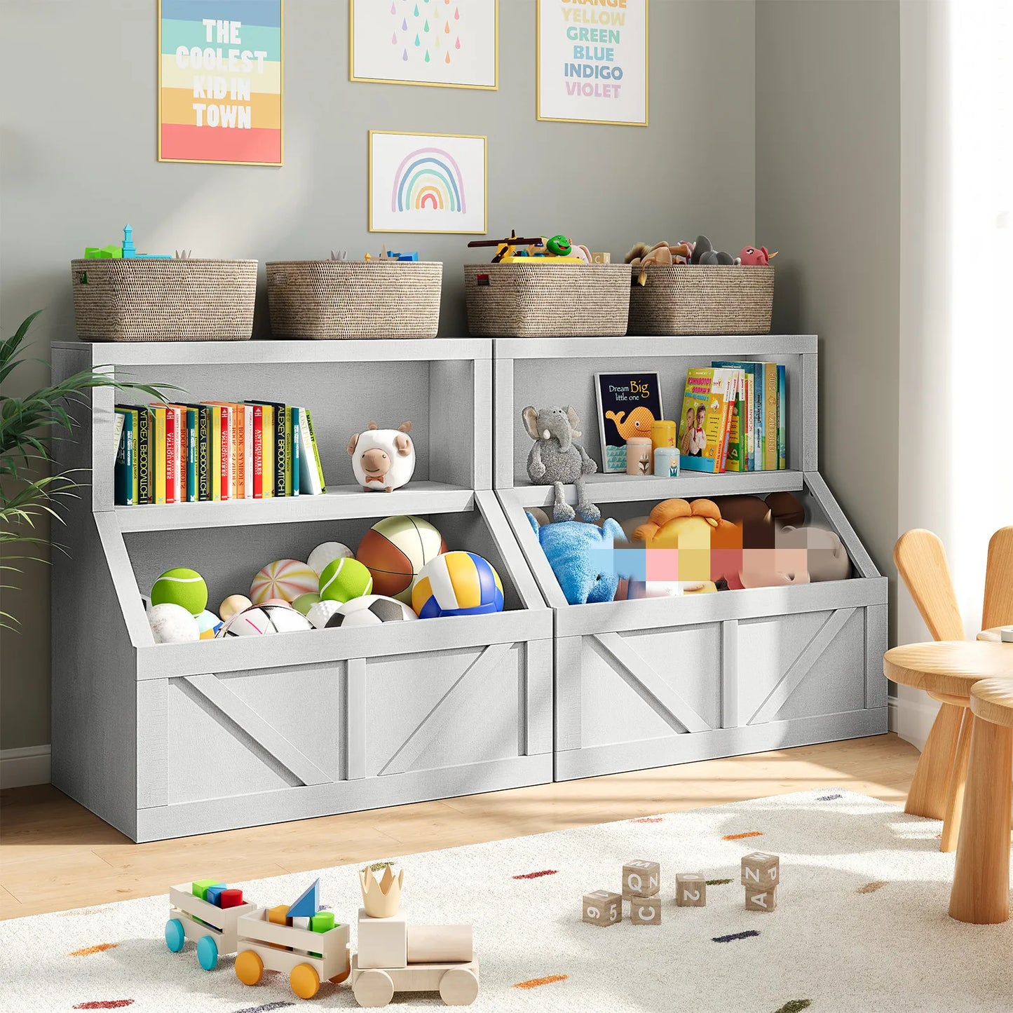 Engineered Wood Bookcase And Toy Storage Cabinet Two Tier