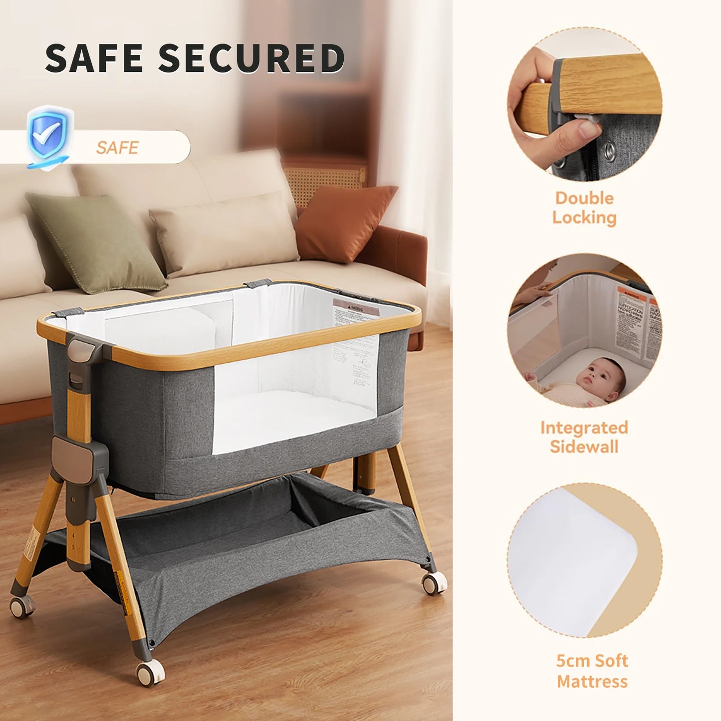 Cozy 2 Baby Bedside Bassinet 3 in 1 Portable Crib with Mattress and Wheels