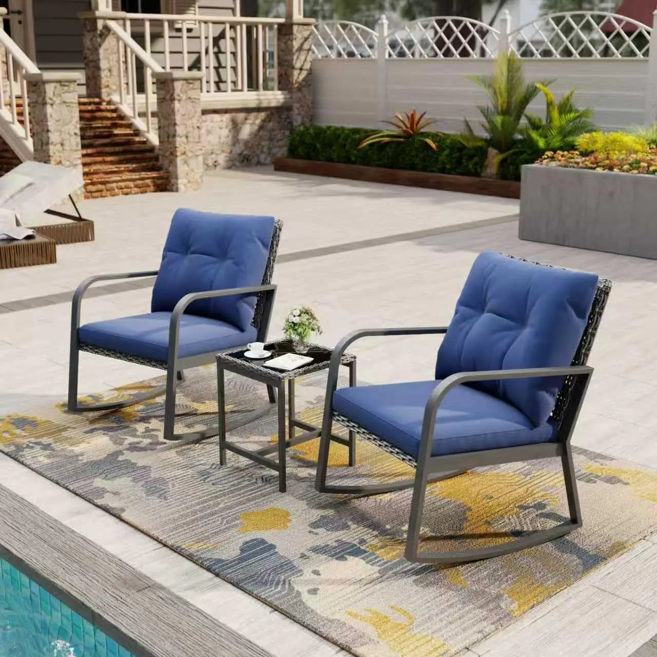 Bistro 3 Piece Patio Set With Rattan Rocking Chairs And Table Outdoor