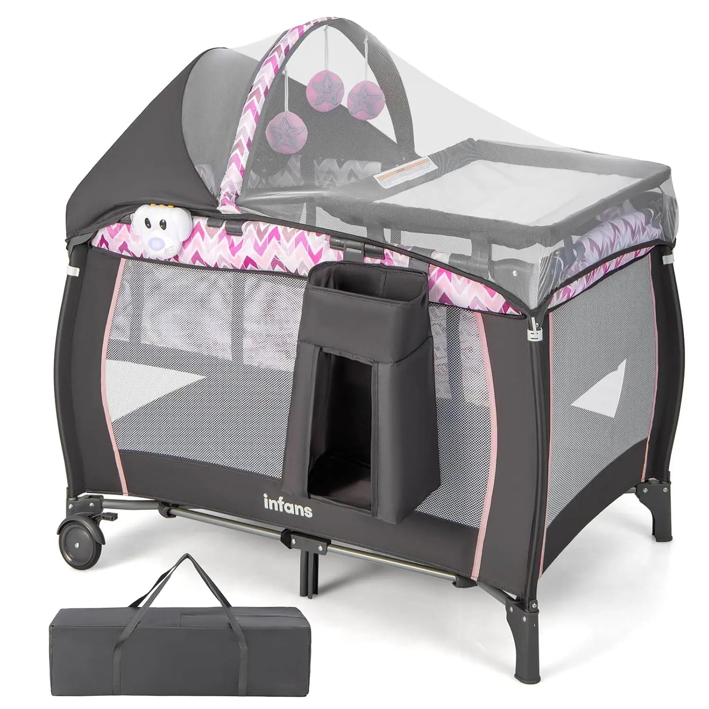 4 In 1 Portable Baby Playard With Bassinet Changing Table Canopy And Toys Pink
