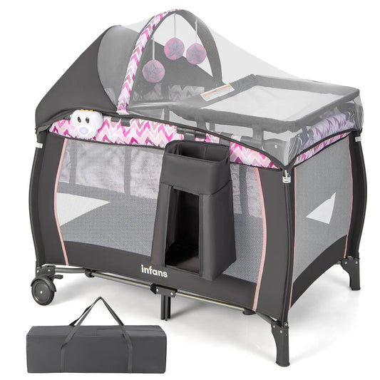 4 In 1 Portable Baby Playard With Bassinet Changing Table Canopy And Toys Pink