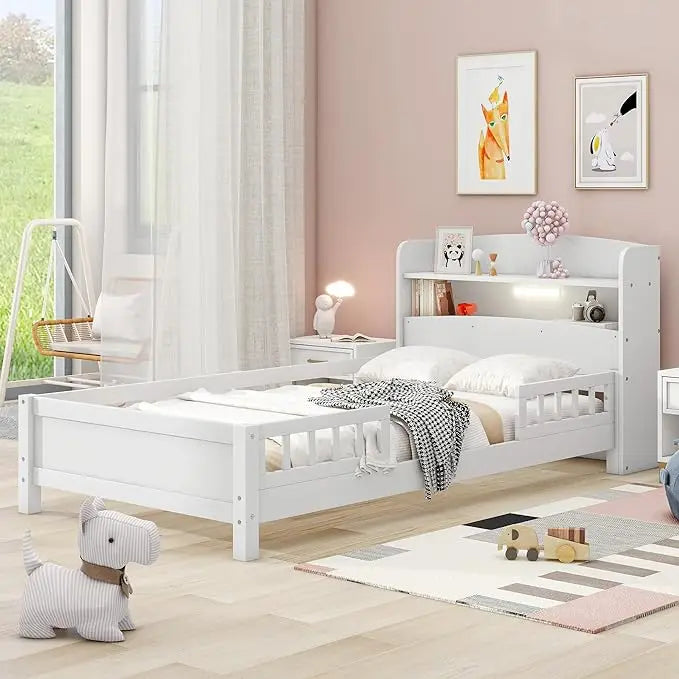 Pink Kids Twin Bed with Guardrails and Headboard Footboard 2 Drawers
