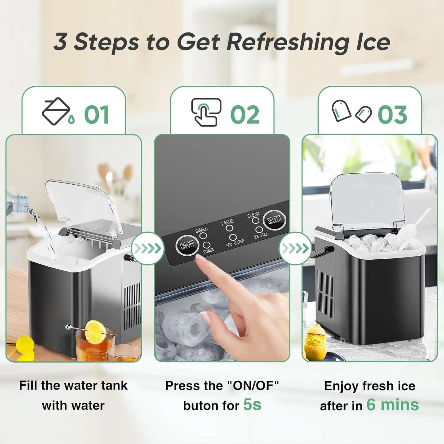 Portable Countertop Ice Maker 26lbs 24H Quiet Self Cleaning for Home RV Camping