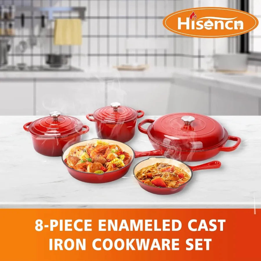 8 Piece Enameled Cast Iron Cookware Set With Dutch Oven