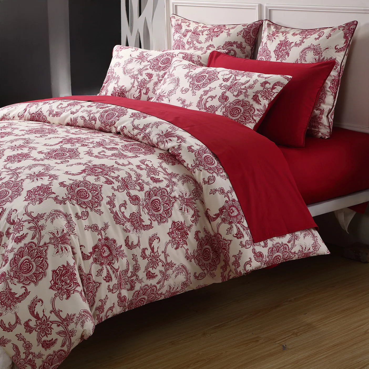 3Pc 600TC 100 Percent Egyptian Cotton Duvet Cover Set Vintage Red Floral Moire
