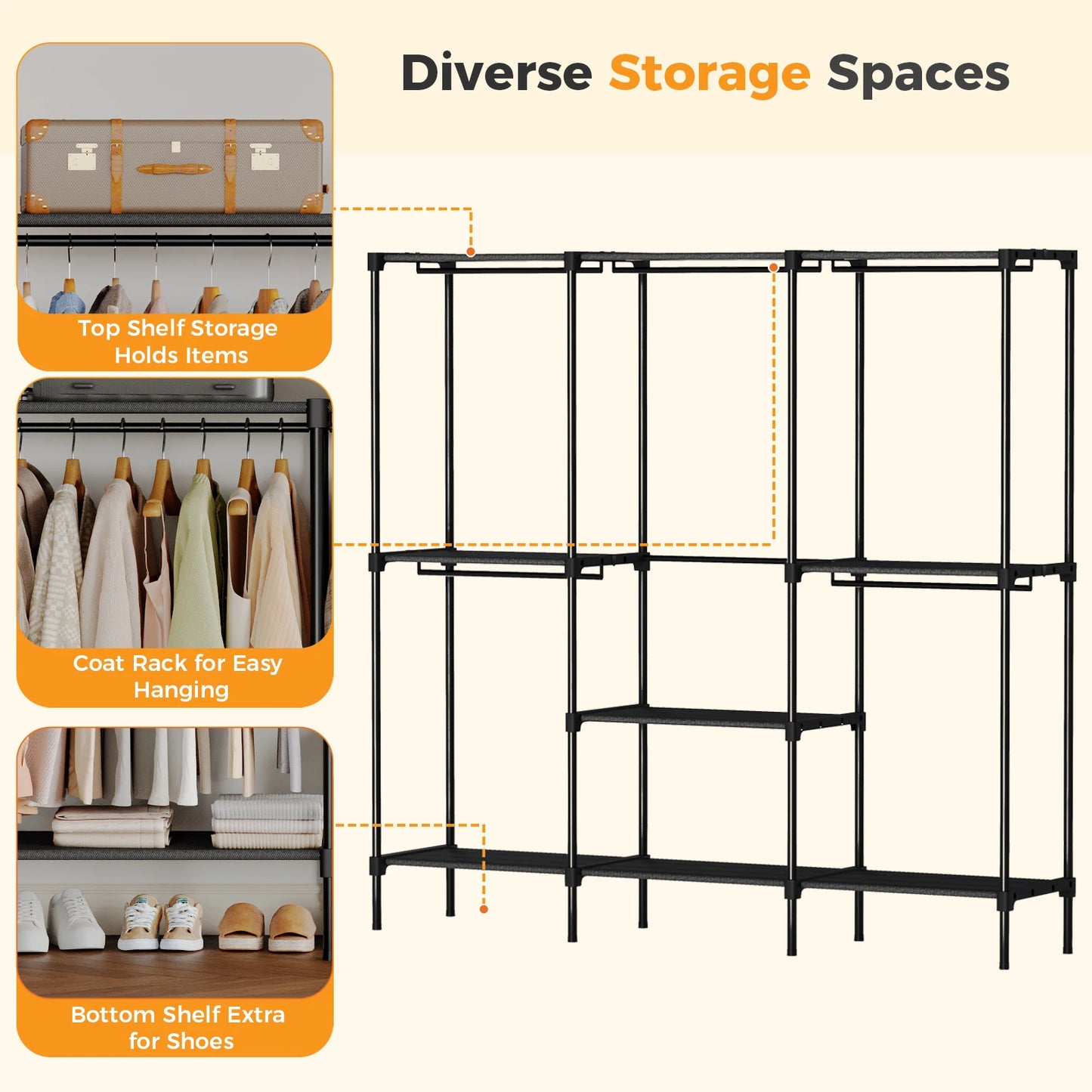 3 Tier Portable Wardrobe With Hanging Rods And Storage Shelves For Home