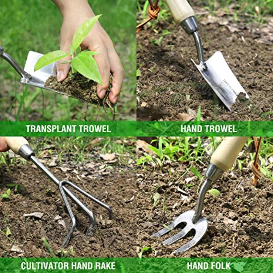 8 Piece Garden Tools Set Stainless Steel Heavy Duty With Wooden Handles Tote