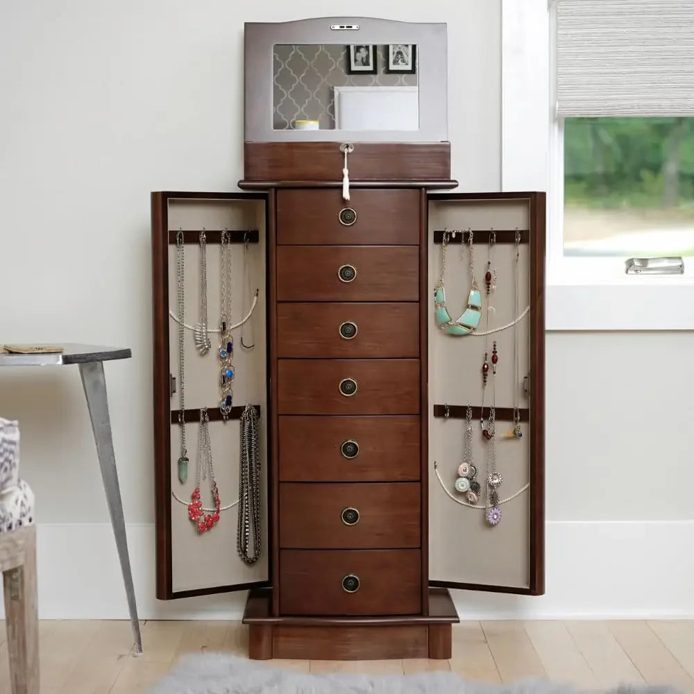 Locking Jewelry Storage Organizer with Top Flip Mirror, 7 Drawers, Jewelry Chest Armoire, Jewelry Box for Necklace, Earring