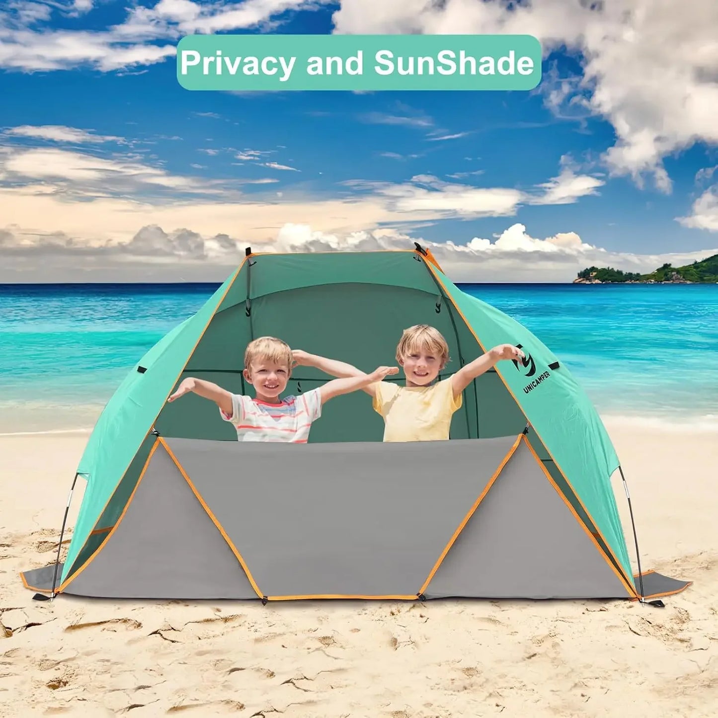 Beach Tent 3 Person UPF 50 Plus Waterproof PE Floor with 3 Mesh Roll Up Windows