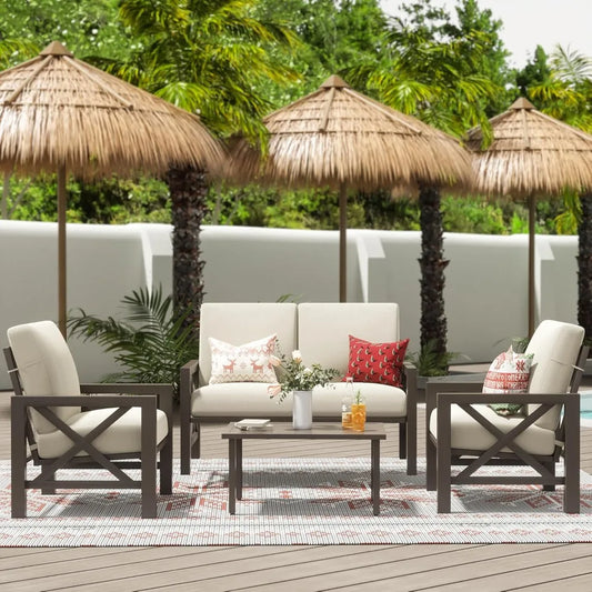 "4-Piece Patio Furniture Set, Outdoor Sectional Metal Conversation Set with Loveseat & 2 Single Chairs – Ideal for Small Spaces