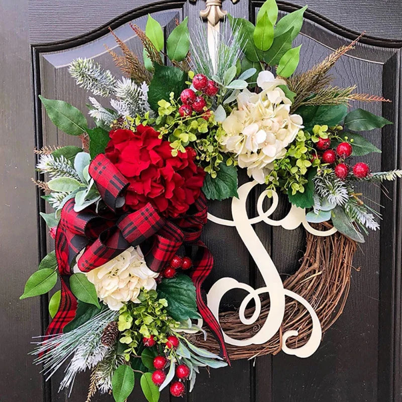 38cm Christmas Letter Wreath Door Hanging Red Fruit Rattan Circle Decoration