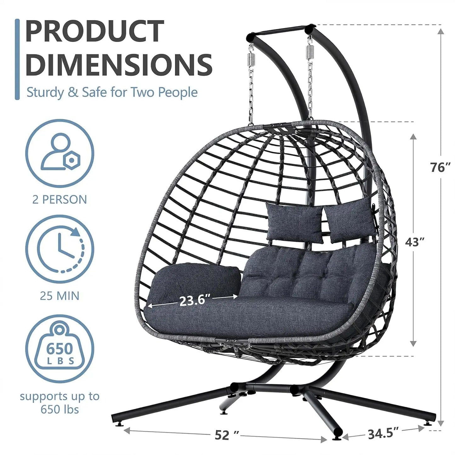 Double Egg Swing Chair With Stand Outdoor Patio 2 Person Wicker Hammock Cushions