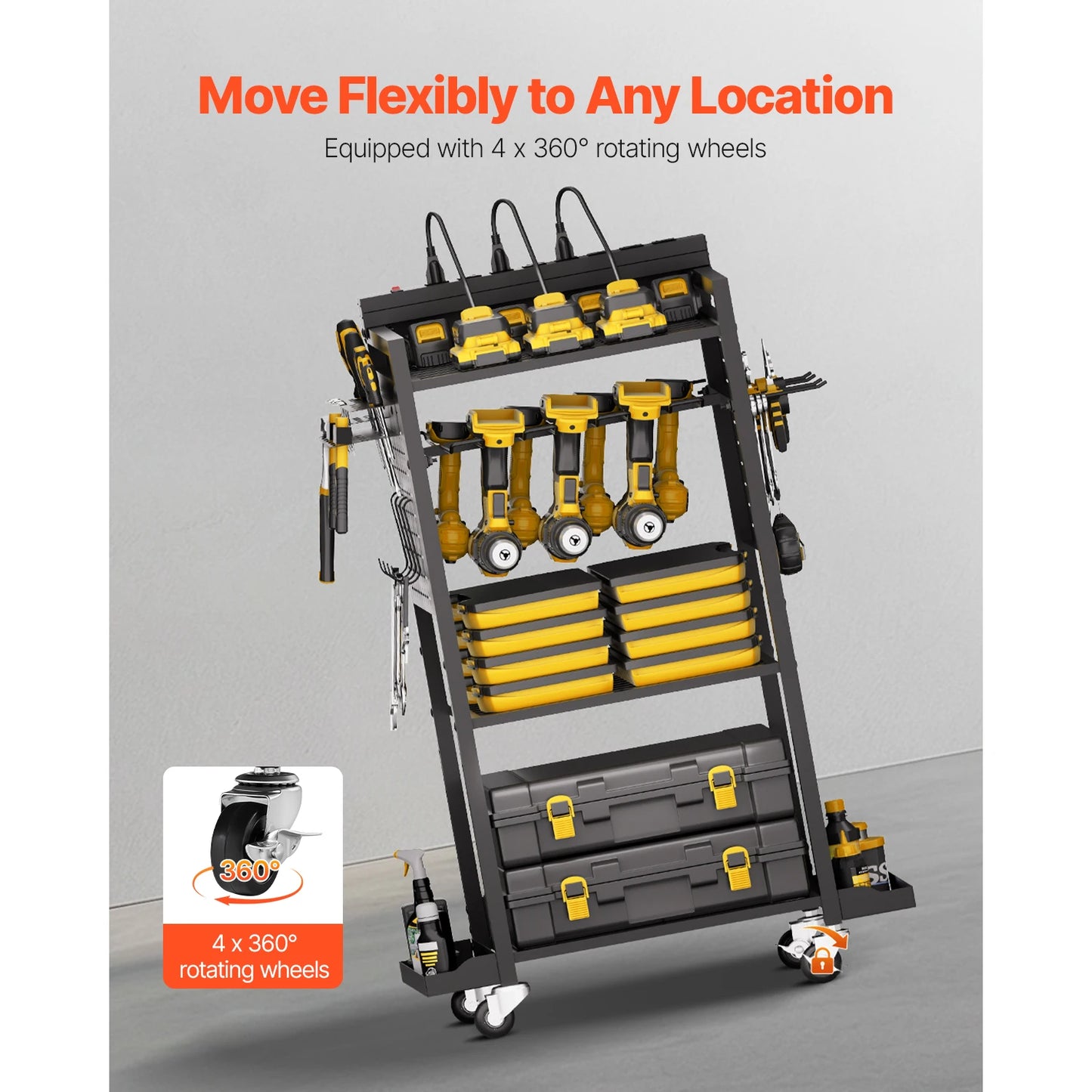 VEVOR 4 Tier Tool Cart With Charging Station Floor Stand And 8 Outlet Strip