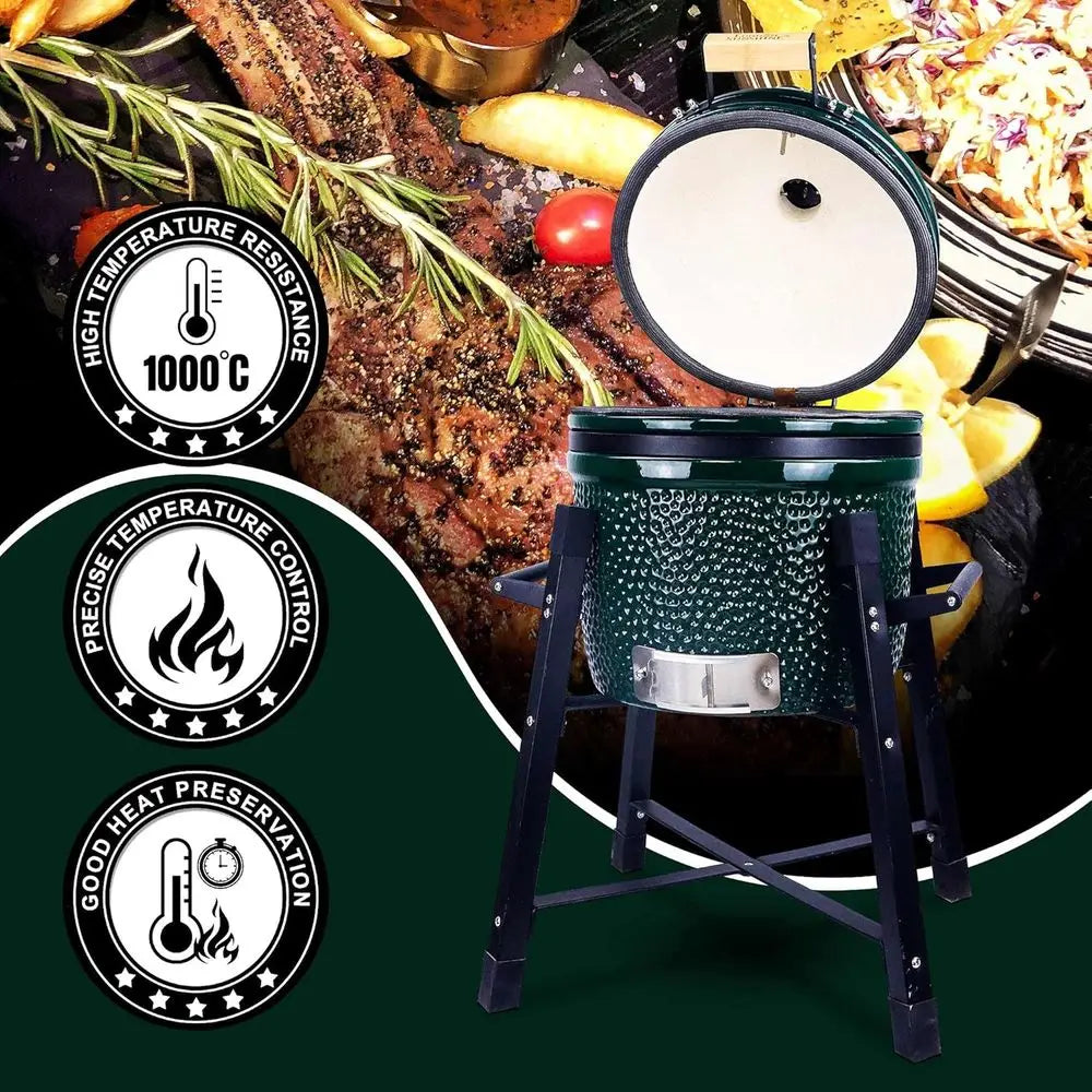 Ceic Kamado Charcoal Grill and Smoker with Tall Green Stand