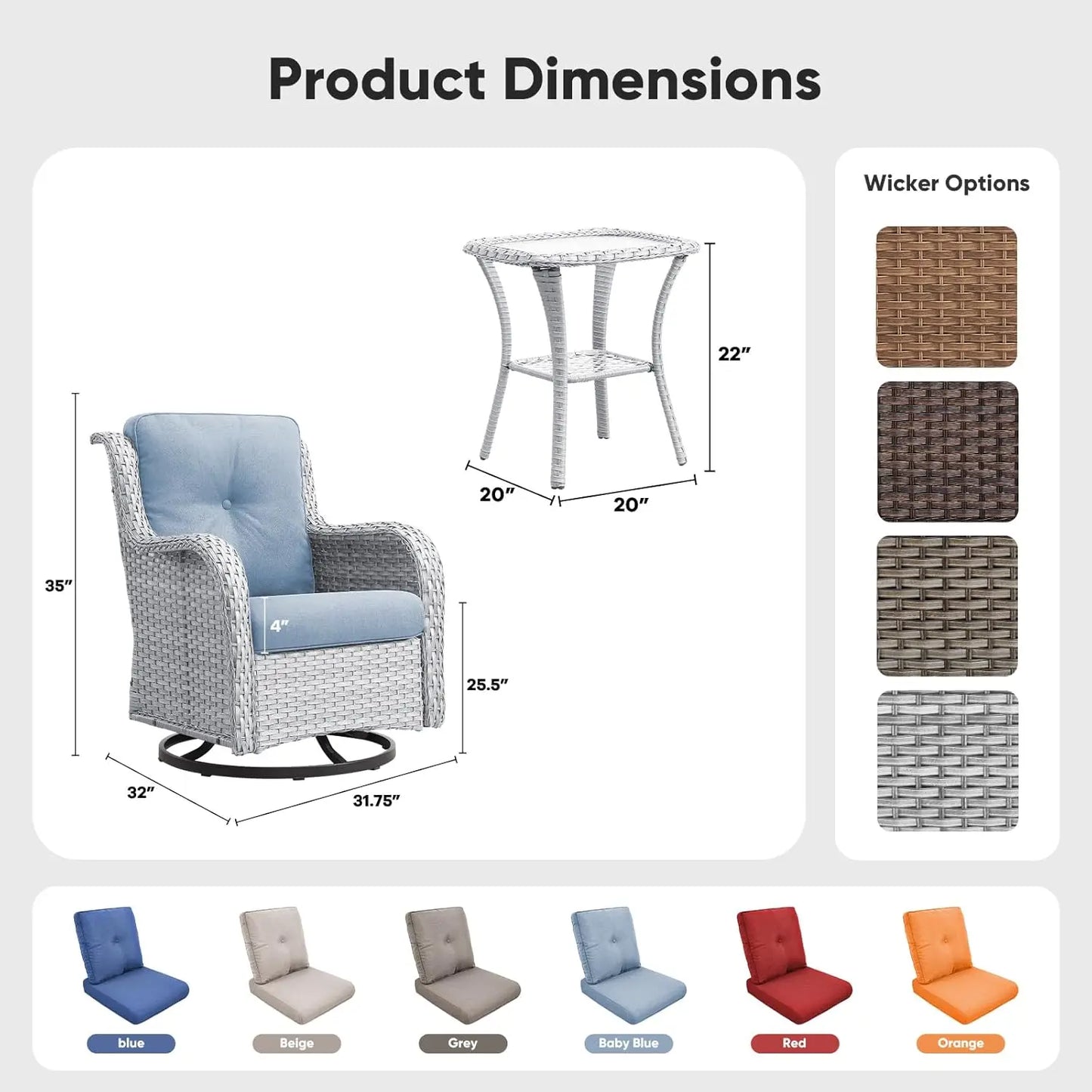 Patio Wicker Swivel Rocker Chairs Outdoor Furniture Set With Rattan Side Table