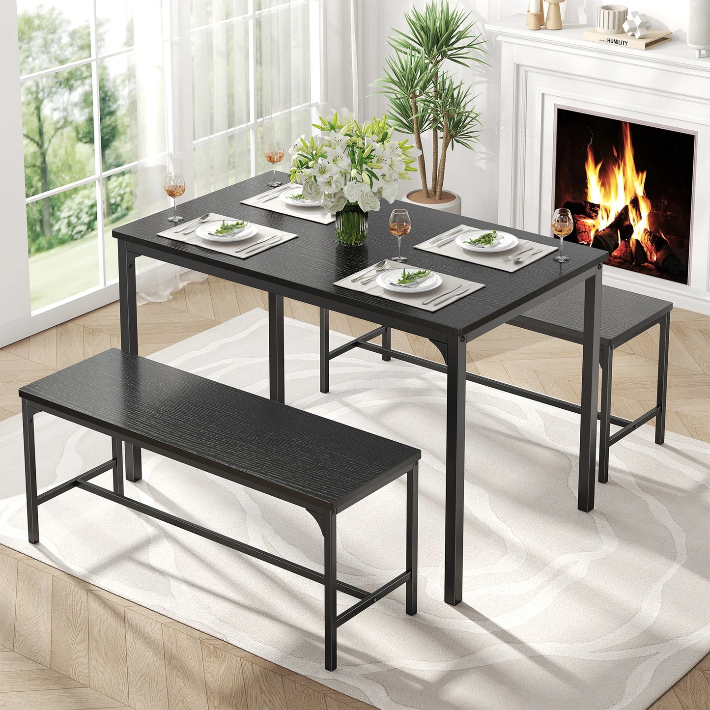JHK 3 Piece Table And Chair Set Space Saving Wooden Desktop With Metal Frame