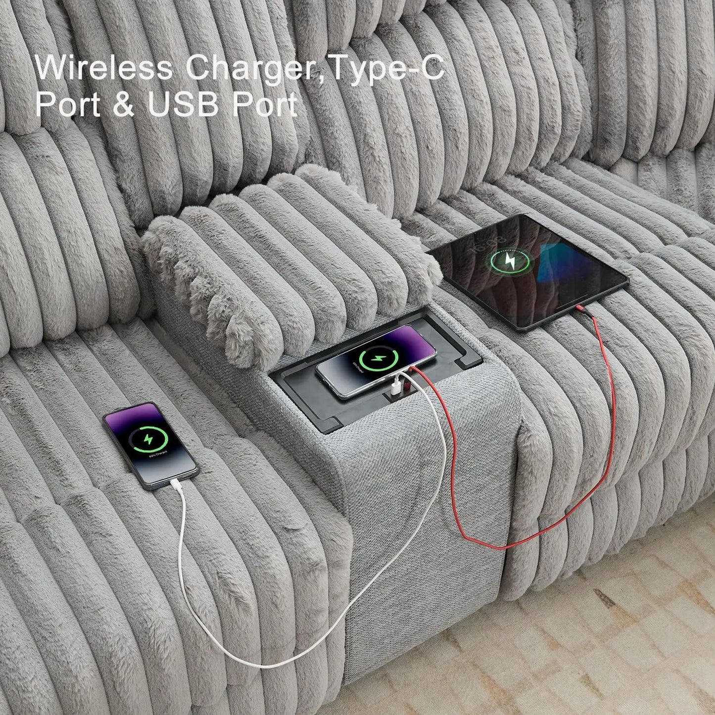 Power Reclining L Shaped Fuzzy Rabbit Plush Sofa USB C Port