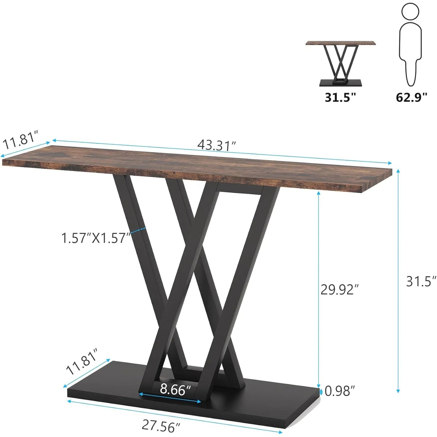 Industrial Console Table 43 Inch Entryway Narrow Sofa Table Rustic Brown
