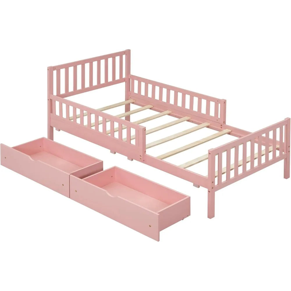 Pink Kids Twin Bed with Guardrails and Headboard Footboard 2 Drawers