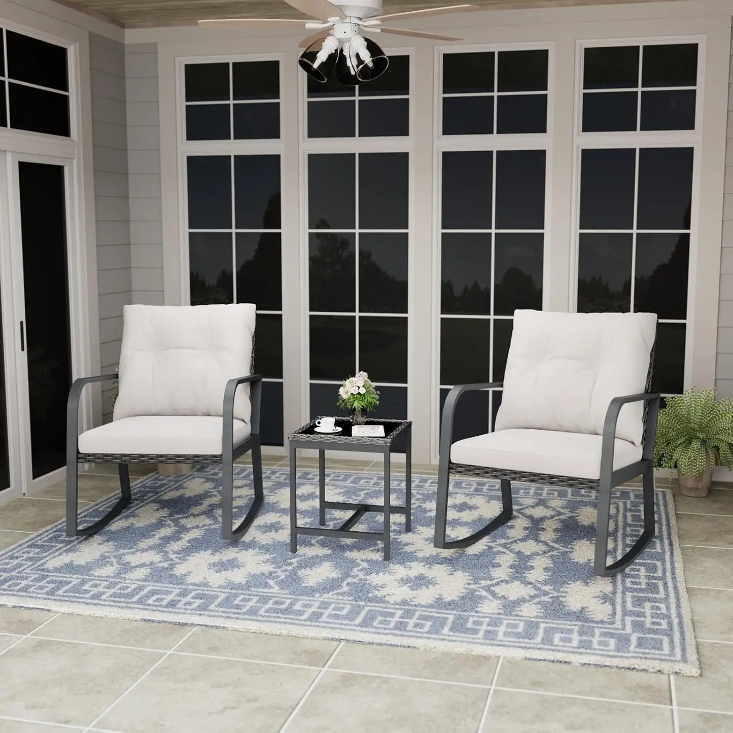 Bistro 3 Piece Patio Set With Rattan Rocking Chairs And Table Outdoor